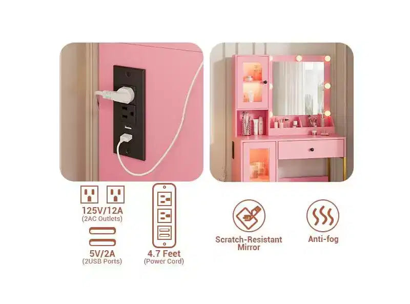 Coiffeuse avec miroir et lumières, Coiffeuse avec station de recharge, Coiffeuse en bois avec lumières RVB pour chambre à coucher, pour filles