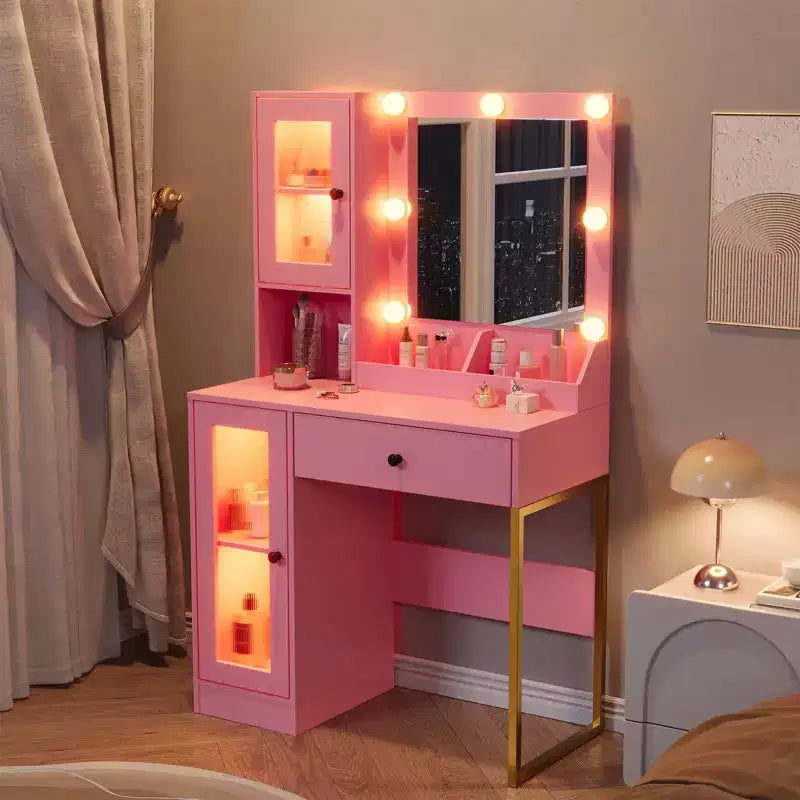 Coiffeuse avec miroir et lumières, Coiffeuse avec station de recharge, Coiffeuse en bois avec lumières RVB pour chambre à coucher, pour filles