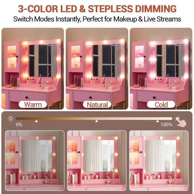 Coiffeuse avec miroir et lumières, Coiffeuse avec station de recharge, Coiffeuse en bois avec lumières RVB pour chambre à coucher, pour filles