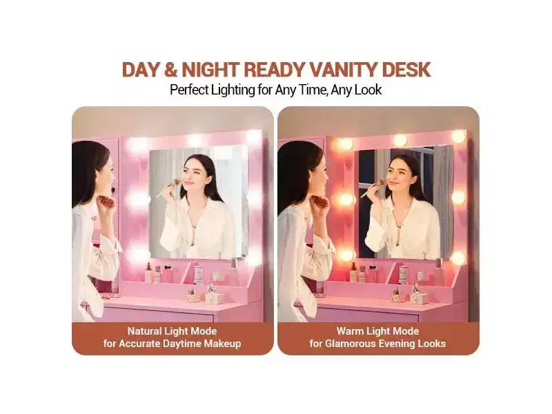 Coiffeuse avec miroir et lumières, Coiffeuse avec station de recharge, Coiffeuse en bois avec lumières RVB pour chambre à coucher, pour filles