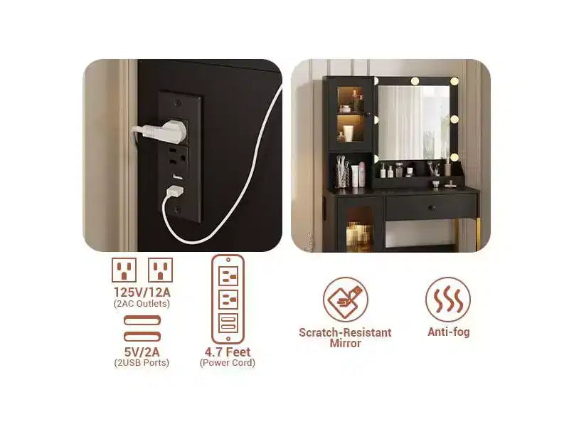 Coiffeuse avec miroir et lumières, Coiffeuse avec station de recharge, Coiffeuse en bois avec lumières RVB pour chambre à coucher, pour filles