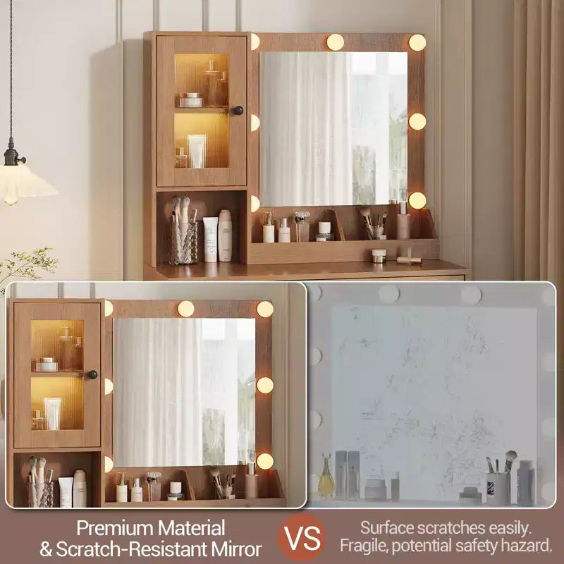 Coiffeuse avec miroir et lumières, Coiffeuse avec station de recharge, Coiffeuse en bois avec lumières RVB pour chambre à coucher, pour filles