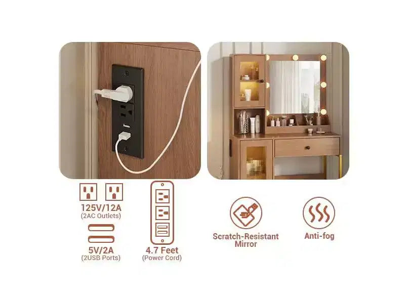 Coiffeuse avec miroir et lumières, Coiffeuse avec station de recharge, Coiffeuse en bois avec lumières RVB pour chambre à coucher, pour filles
