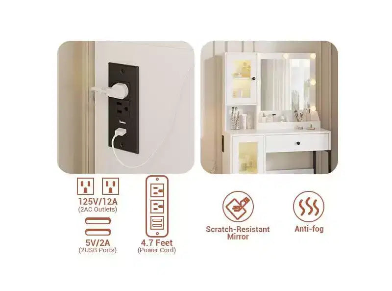 Coiffeuse avec miroir et lumières, Coiffeuse avec station de recharge, Coiffeuse en bois avec lumières RVB pour chambre à coucher, pour filles