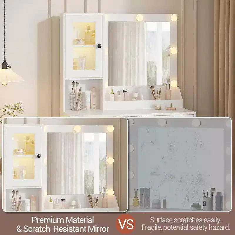 Coiffeuse avec miroir et lumières, Coiffeuse avec station de recharge, Coiffeuse en bois avec lumières RVB pour chambre à coucher, pour filles