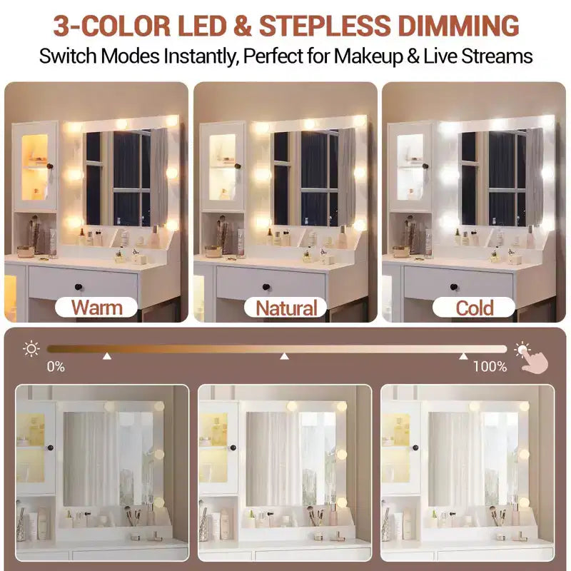 Coiffeuse avec miroir et lumières, Coiffeuse avec station de recharge, Coiffeuse en bois avec lumières RVB pour chambre à coucher, pour filles