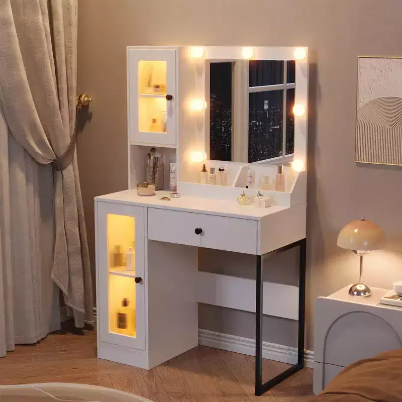 Coiffeuse avec miroir et lumières, Coiffeuse avec station de recharge, Coiffeuse en bois avec lumières RVB pour chambre à coucher, pour filles