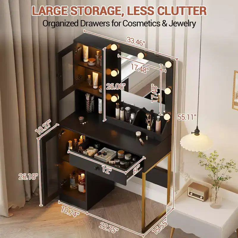 Coiffeuse avec miroir et lumières, Coiffeuse avec station de recharge, Coiffeuse en bois avec lumières RVB pour chambre à coucher, pour filles