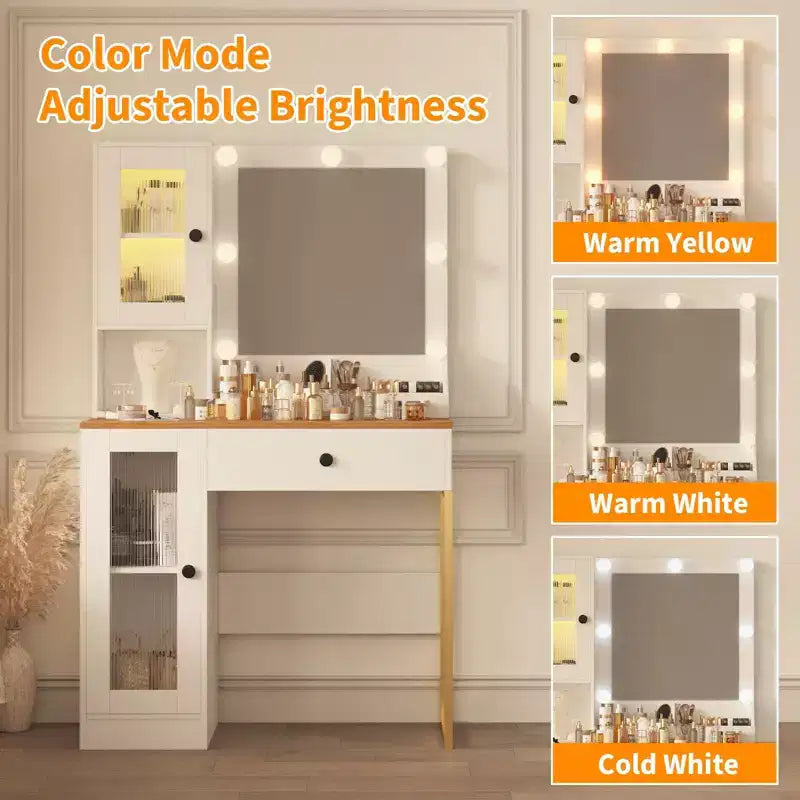 Coiffeuse avec miroir et lumières, Coiffeuse avec station de recharge, Coiffeuse en bois avec lumières RVB pour chambre à coucher, pour filles