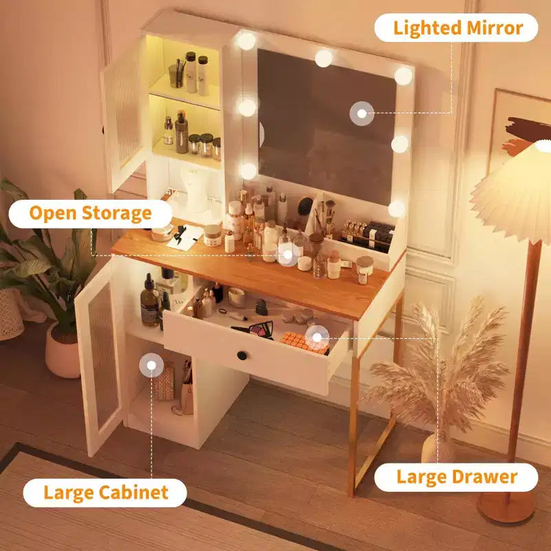 Coiffeuse avec miroir et lumières, Coiffeuse avec station de recharge, Coiffeuse en bois avec lumières RVB pour chambre à coucher, pour filles