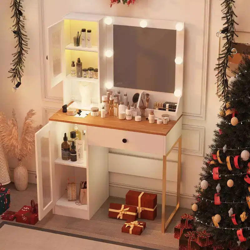 Coiffeuse avec miroir et lumières, Coiffeuse avec station de recharge, Coiffeuse en bois avec lumières RVB pour chambre à coucher, pour filles
