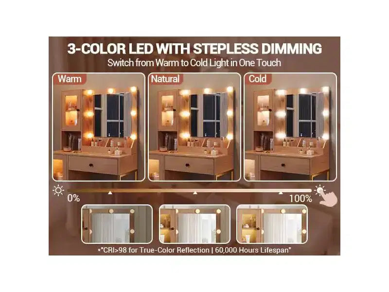 Coiffeuse avec miroir et lumières, Coiffeuse avec station de recharge, Coiffeuse en bois avec lumières RVB pour chambre à coucher, pour filles