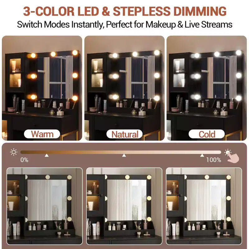 Coiffeuse avec miroir et lumières, Coiffeuse avec station de recharge, Coiffeuse en bois avec lumières RVB pour chambre à coucher, pour filles