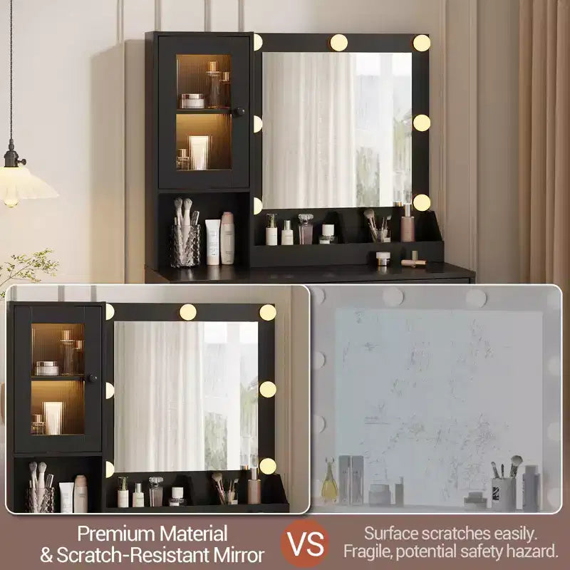 Coiffeuse avec miroir et lumières, Coiffeuse avec station de recharge, Coiffeuse en bois avec lumières RVB pour chambre à coucher, pour filles