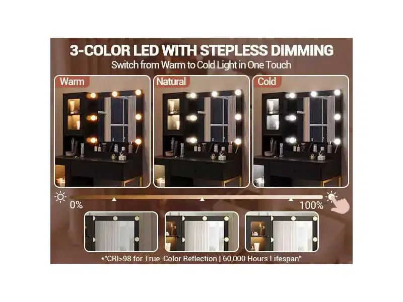 Coiffeuse avec miroir et lumières, Coiffeuse avec station de recharge, Coiffeuse en bois avec lumières RVB pour chambre à coucher, pour filles