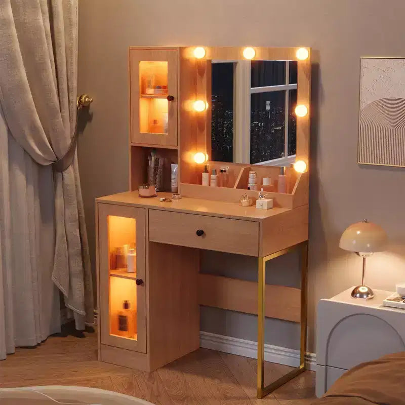 Coiffeuse avec miroir et lumières, Coiffeuse avec station de recharge, Coiffeuse en bois avec lumières RVB pour chambre à coucher, pour filles