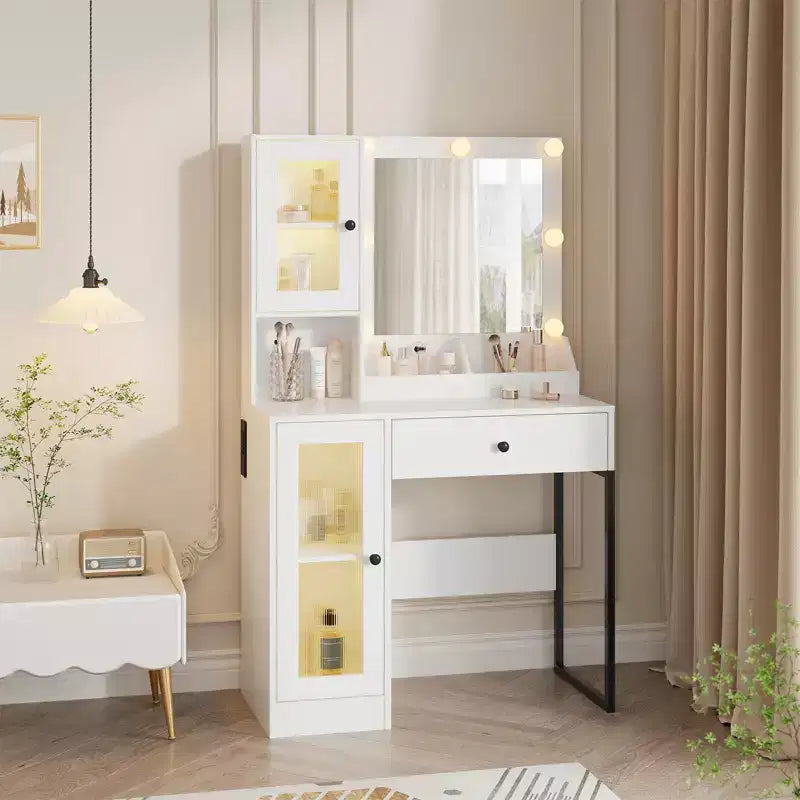 Coiffeuse avec miroir et lumières, Coiffeuse avec station de recharge, Coiffeuse en bois avec lumières RVB pour chambre à coucher, pour filles