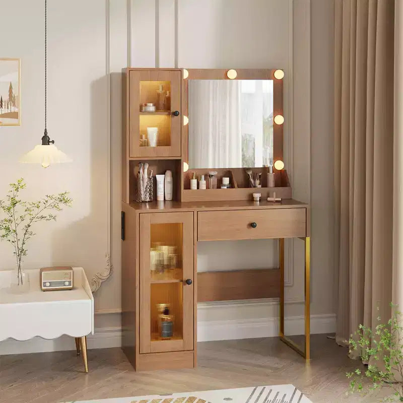 Coiffeuse avec miroir et lumières, Coiffeuse avec station de recharge, Coiffeuse en bois avec lumières RVB pour chambre à coucher, pour filles