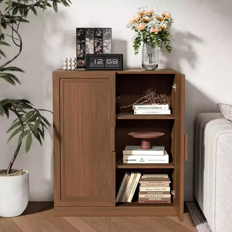 MAYEERTY Armoire de rangement haute 16 avec portes en rotin 2 étagères, meuble autoportant pour salon cuisine beige 1 pièce