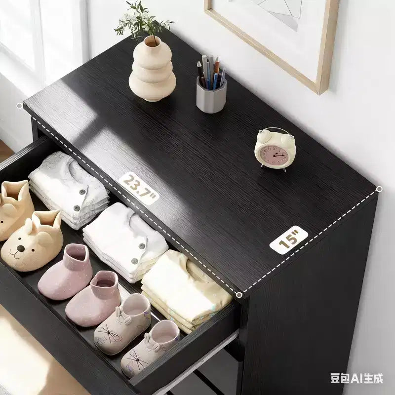 Commode moderne noire inclinée à cinq tiroirs, adaptée aux chambres à coucher, armoire de rangement en bois, tiroirs profonds, convient également aux salons, chambres à coucher.