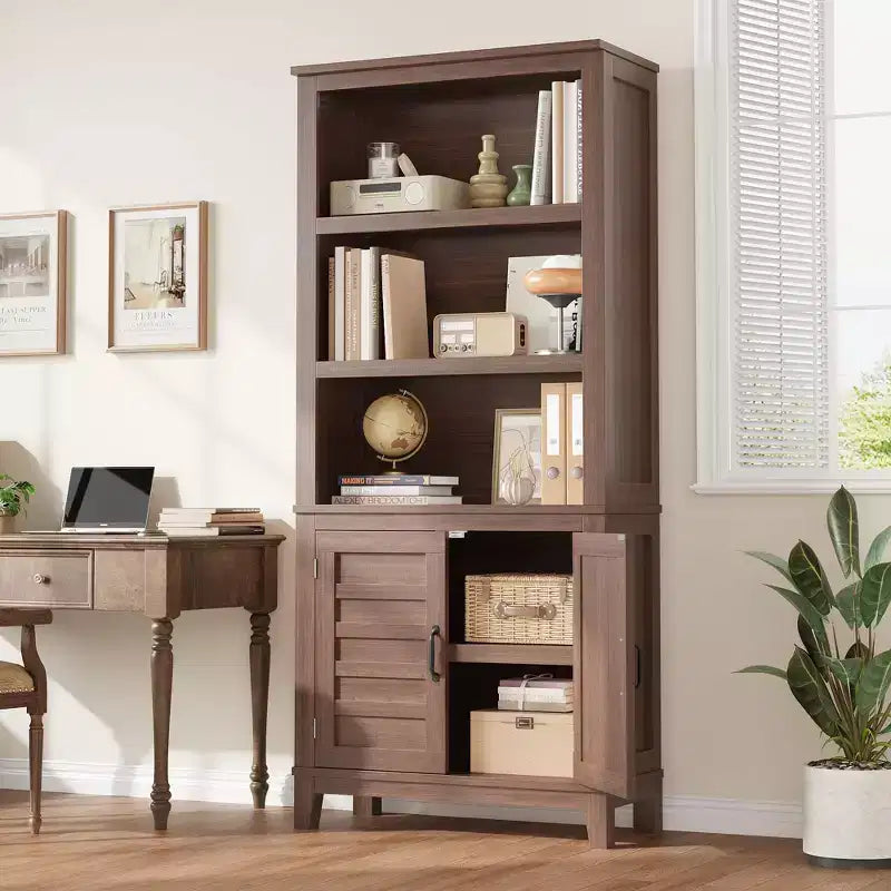 Bibliothèque de ferme de 71 po avec portes, étagère vintage avec armoire de rangement et étagère réglable, bibliothèque rétro à 5 niveaux, bibliothèque rustique pour salon