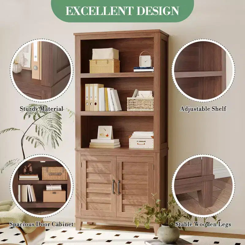 Bibliothèque de ferme de 71 po avec portes, étagère vintage avec armoire de rangement et étagère réglable, bibliothèque rétro à 5 niveaux, bibliothèque rustique pour salon