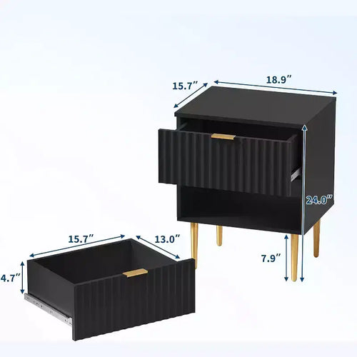 Table de chevet moderne cannelée 2 places avec ports USB et prises de courant et 2 tiroirs, petite table d'appoint pour chambre à coucher, table de chevet dorée et bois