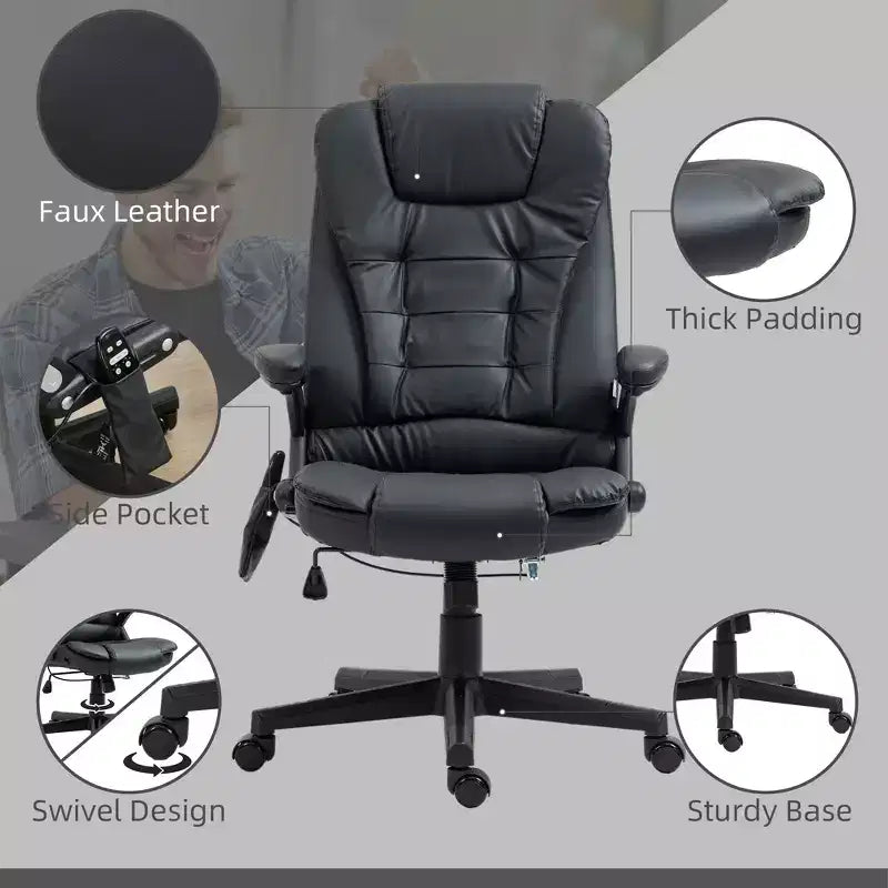 Fauteuil de bureau massant, Fauteuil d'ordinateur inclinable et chauffant avec 6 points de vibration, accoudoir et télécommande