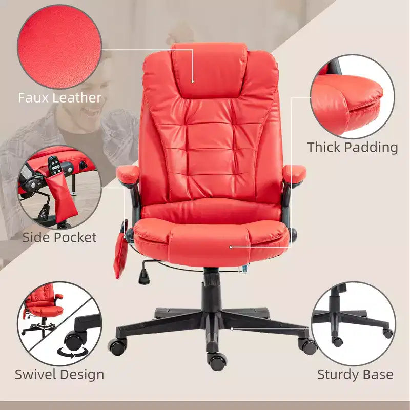 Fauteuil de bureau massant, Fauteuil d'ordinateur inclinable et chauffant avec 6 points de vibration, accoudoir et télécommande
