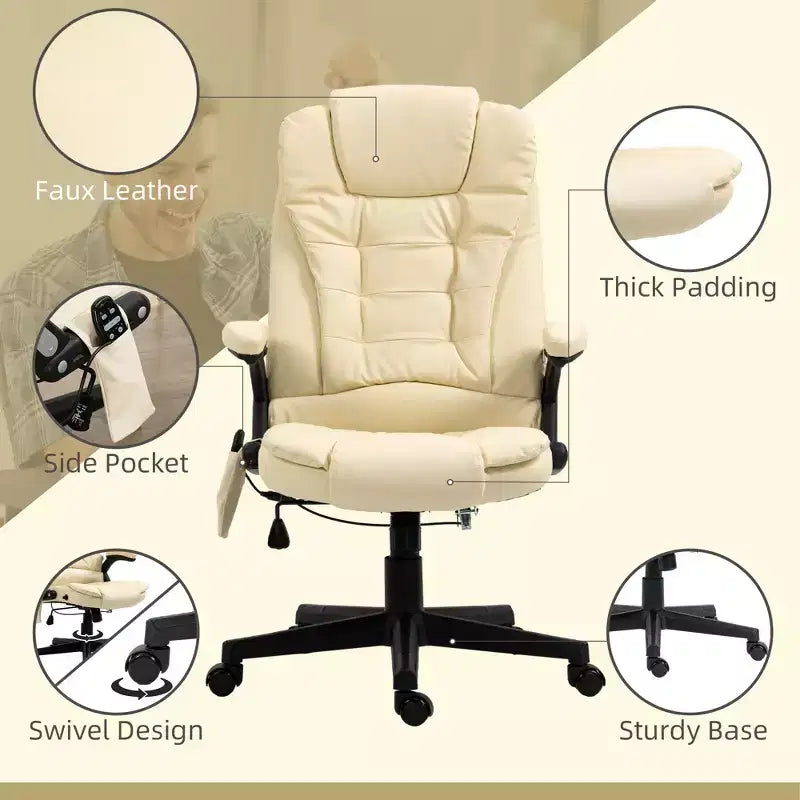 Fauteuil de bureau massant, Fauteuil d'ordinateur inclinable et chauffant avec 6 points de vibration, accoudoir et télécommande