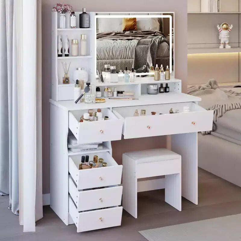 Coiffeuse Okak 41 po avec miroir à commande tactile extra-large, grande capacité de rangement, coiffeuse pour chambre à coucher, studio