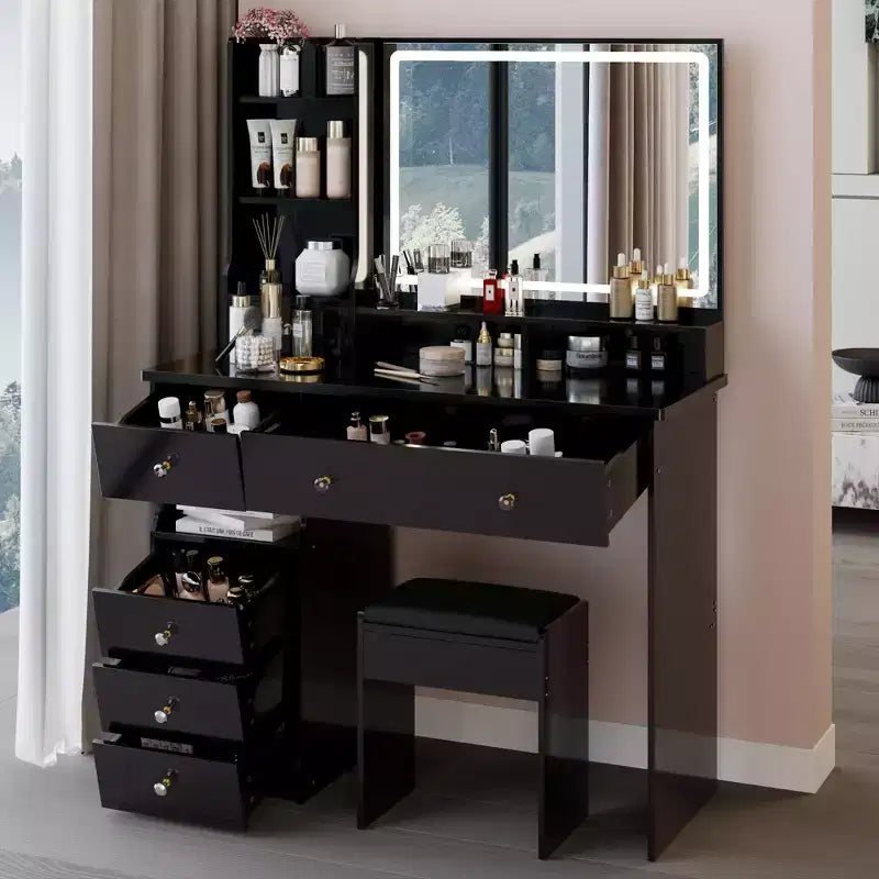 Coiffeuse Okak 41 po avec miroir à commande tactile extra-large, grande capacité de rangement, coiffeuse pour chambre à coucher, studio