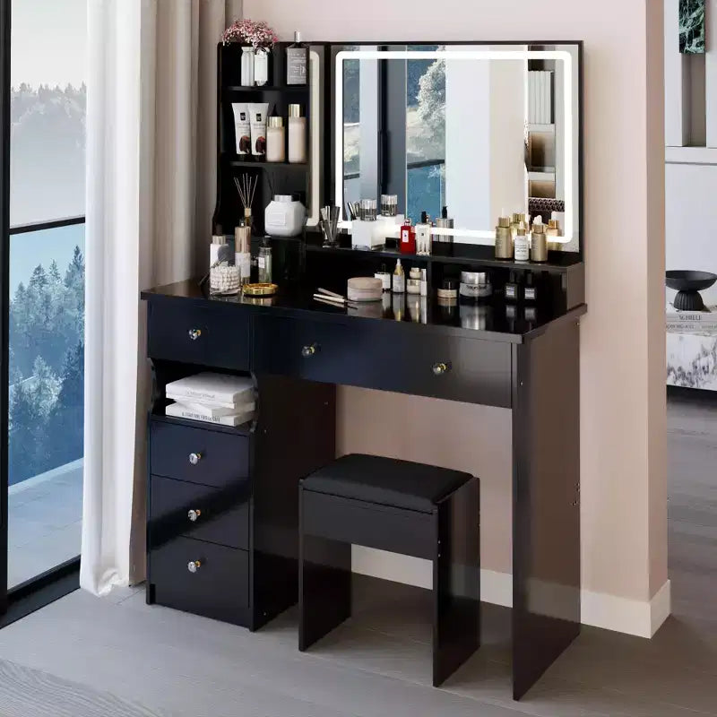 Coiffeuse Okak 41 po avec miroir à commande tactile extra-large, grande capacité de rangement, coiffeuse pour chambre à coucher, studio