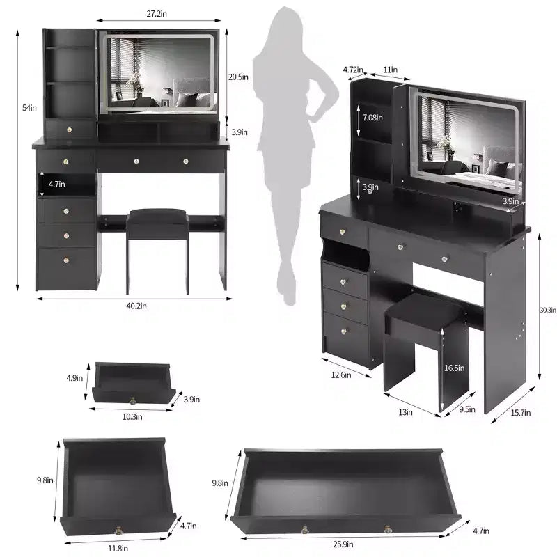 Coiffeuse Okak 41 po avec miroir à commande tactile extra-large, grande capacité de rangement, coiffeuse pour chambre à coucher, studio