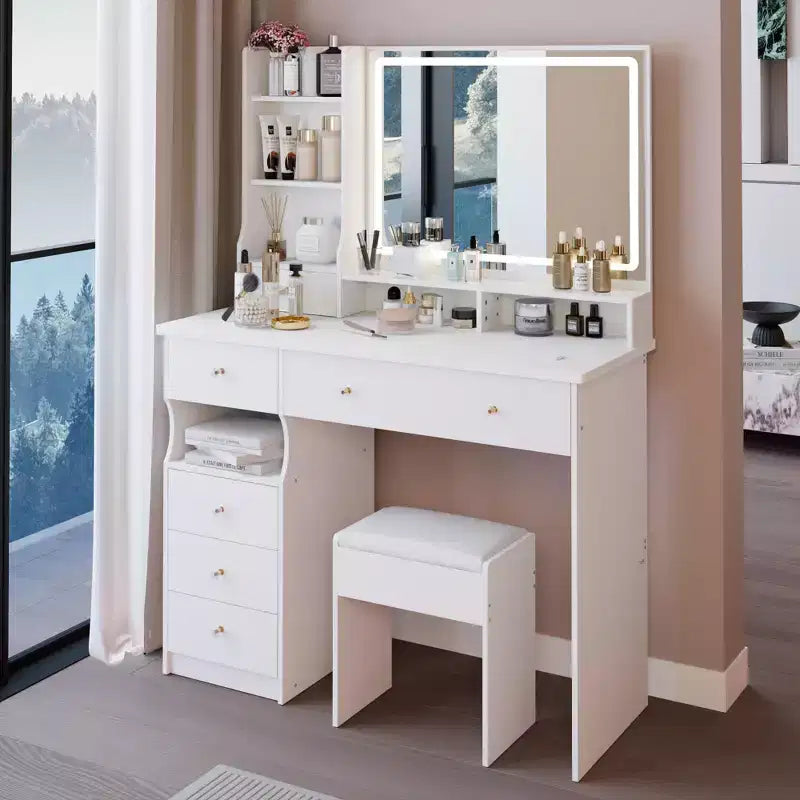Coiffeuse Okak 41 po avec miroir à commande tactile extra-large, grande capacité de rangement, coiffeuse pour chambre à coucher, studio