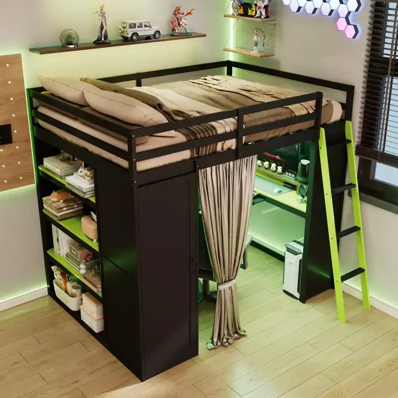 Lit mezzanine pleine grandeur pour le jeu moderne avec lumières RVB, bureau et rangements