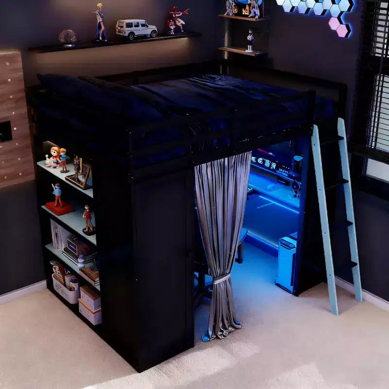 Lit mezzanine pleine grandeur pour le jeu moderne avec lumières RVB, bureau et rangements