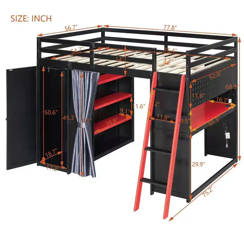 Lit mezzanine pleine grandeur pour le jeu moderne avec lumières RVB, bureau et rangements