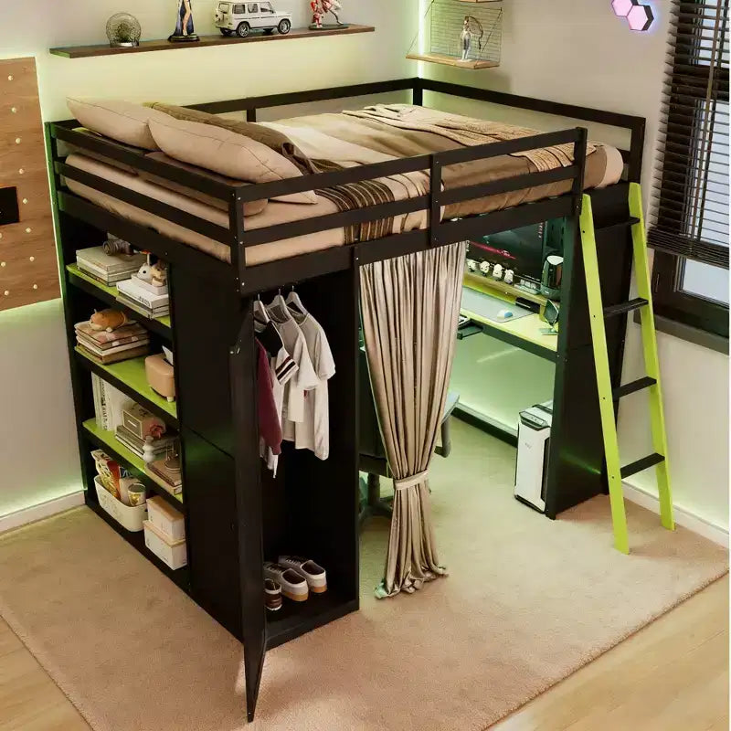 Lit mezzanine pleine grandeur pour le jeu moderne avec lumières RVB, bureau et rangements
