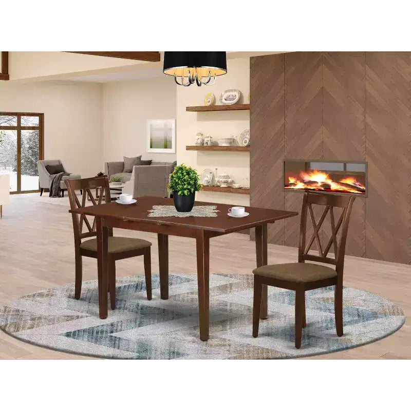 Ensemble de salle à manger 3 pièces HomeStock avec plateau rectangulaire en bois massif finition acajou et rallonge papillon