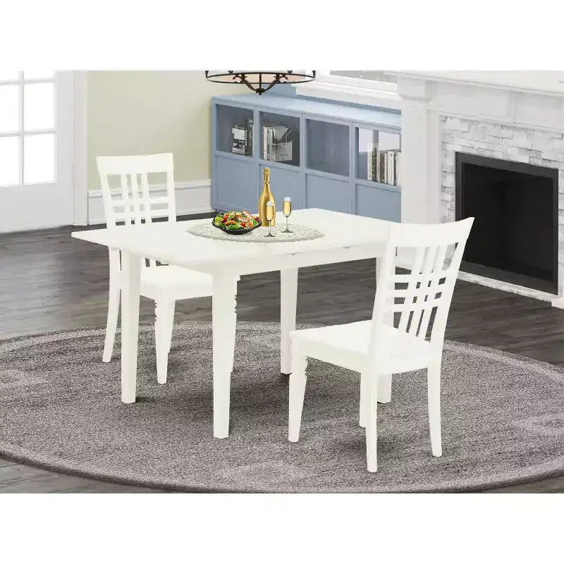 Ensemble de salle à manger 3 pièces HomeStock, dessus en bois massif rectangulaire, finition lin blanc, avec rallonge papillon