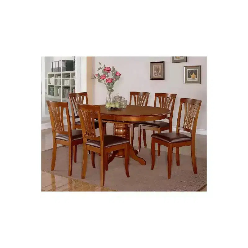 Table à manger 7 pièces ovale en bois massif finition brun selle avec 6 chaises avec