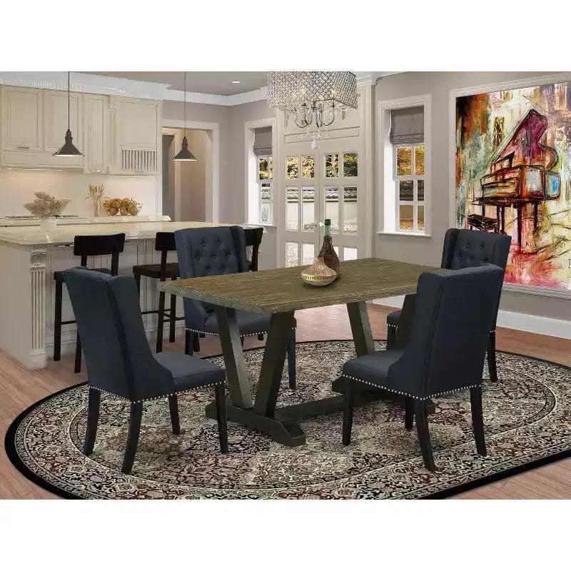 Table à manger 5 pièces en bois massif HomeStock avec plateau finition jacobine vieillie et 4 chaises