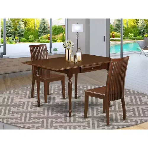 Ensemble de salle à manger 3 pièces en bois massif finition acajou avec table à rabats et 2 chaises