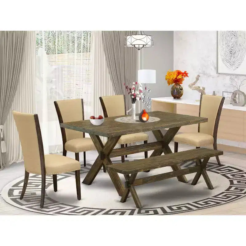 Ensemble de salle à manger 6 pièces en bois massif Jacobean vieilli – Table, banc et 4 chaises, 5 places