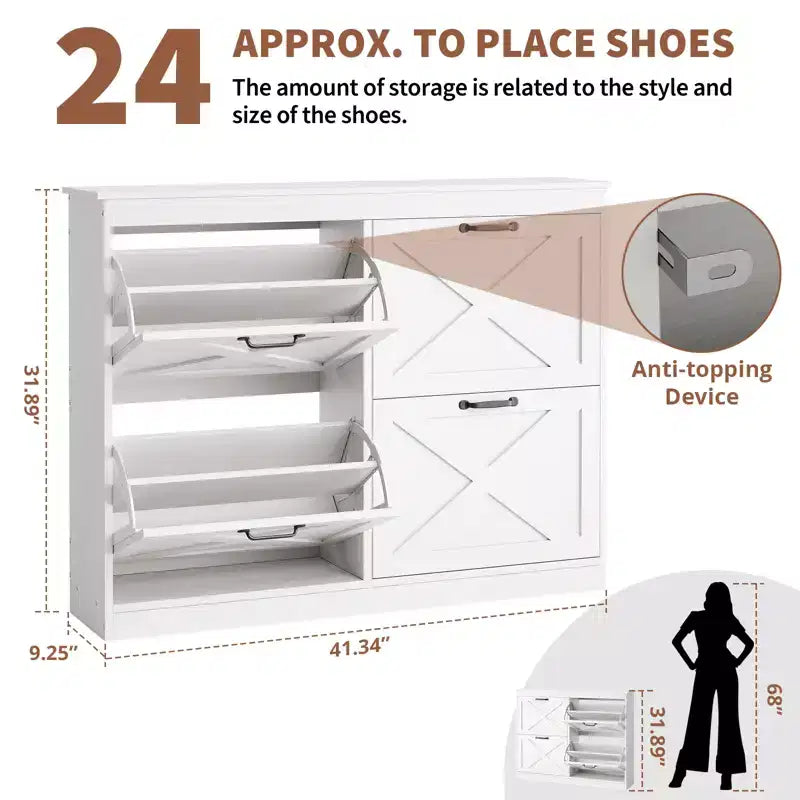 41Meuble à chaussures avec 4 tiroirs basculants, meuble à chaussures moderne style ferme avec étagères réglables, organisateur autoportant étroit pour salon, chambre à coucher