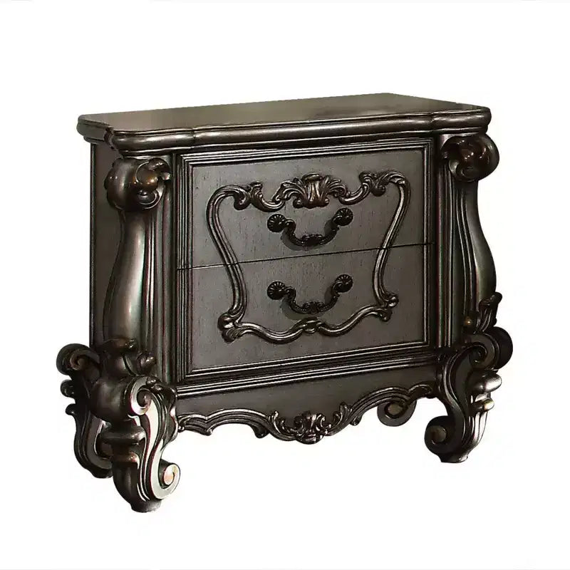 Table de chevet Royal Hampton à deux tiroirs avec pieds roulés surdimensionnés au fini platine antique