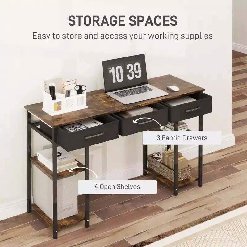 47 Petit Bureau d'Ordinateur, Bureau d'Écriture avec Tiroirs en Tissu, Bureau à Domicile avec Étagères Réglables