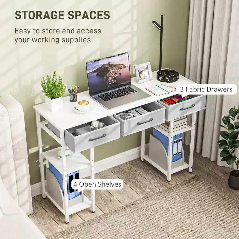 47 Petit Bureau d'Ordinateur, Bureau d'Écriture avec Tiroirs en Tissu, Bureau à Domicile avec Étagères Réglables