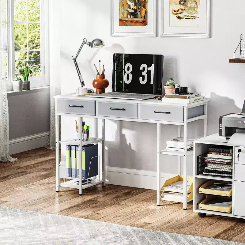 47 Petit Bureau d'Ordinateur, Bureau d'Écriture avec Tiroirs en Tissu, Bureau à Domicile avec Étagères Réglables